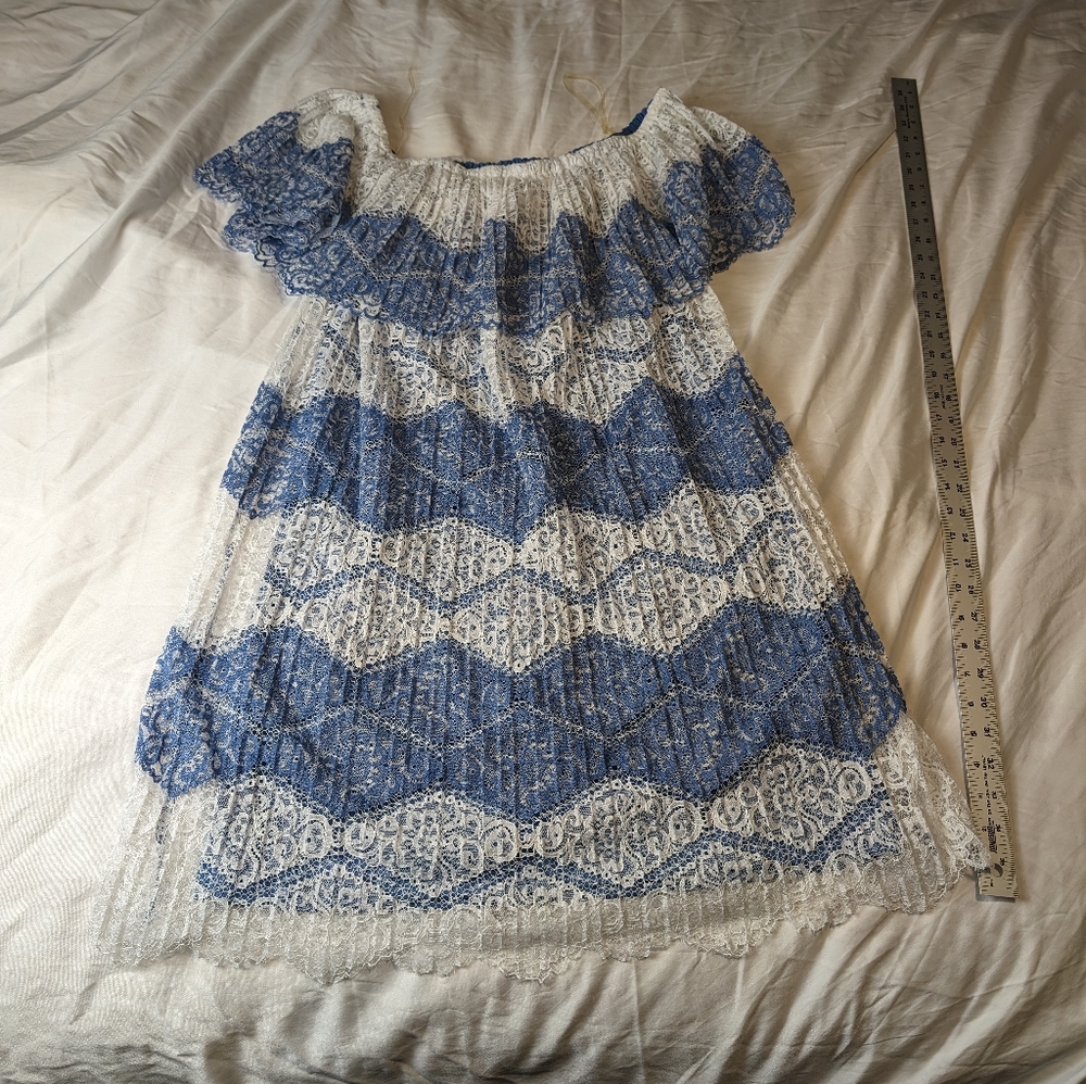 Beige by eci off the shoulder blue white lace dress